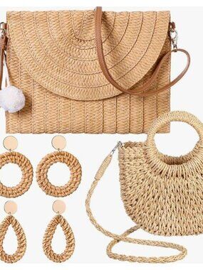 JaGely 2 Pack Women Straw Crossbody Bag, Straw Clutch, Rattan Purse for Women wi